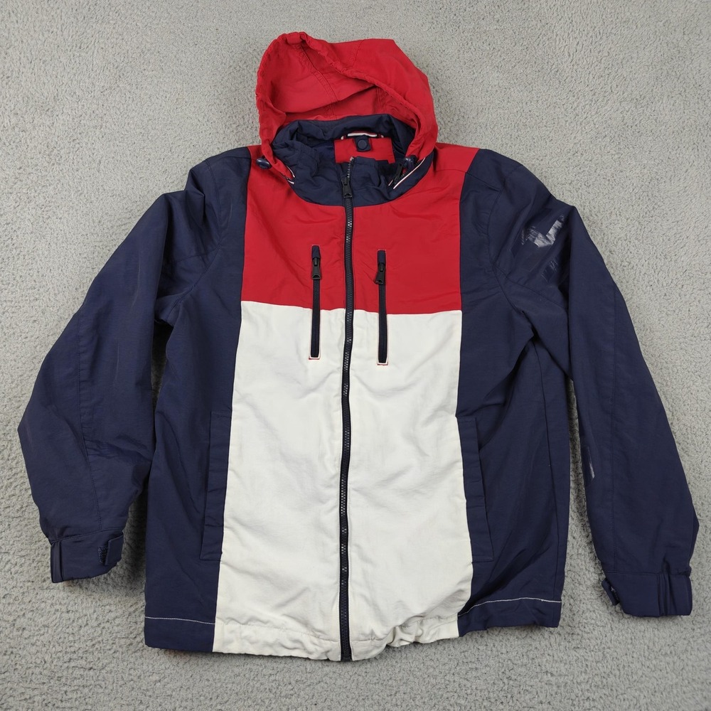 Tommy Hilfiger Jacket Mens Medium Blue Red White Hooded Full Windbreaker Logo